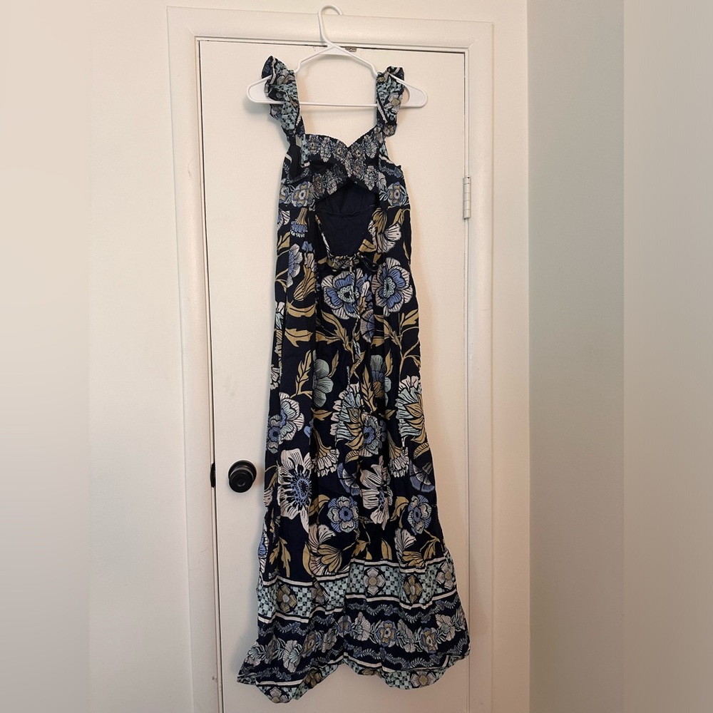 Free People Navy Blue Floral Maxi Jumpsuit with Light Blue and Olive Accents - Picture 3 of 5